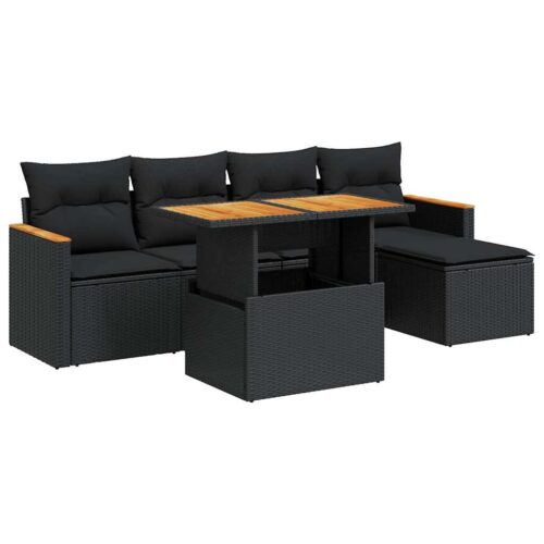 6-Piece Garden Sofa Set with Cushions Black Poly Rattan Acacia - Image 13