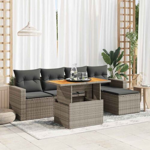 6-Piece Garden Sofa Set with Cushions Grey Poly Rattan - Image 2