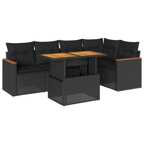 5-Piece Garden Sofa Set with Cushions Black Poly Rattan Acacia