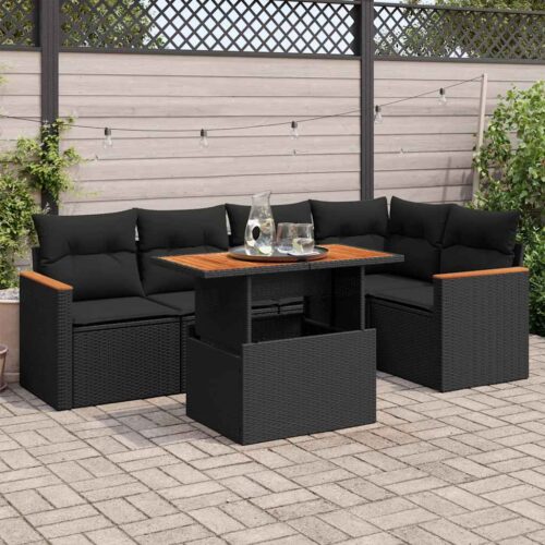 5-Piece Garden Sofa Set with Cushions Black Poly Rattan Acacia - Image 2