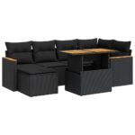 7-Piece Garden Sofa Set with Cushions Black Poly Rattan Acacia