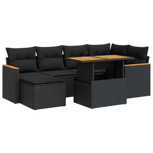 7-Piece Garden Sofa Set with Cushions Black Poly Rattan Acacia