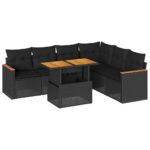 7-Piece Garden Sofa Set with Cushions Black Poly Rattan Acacia