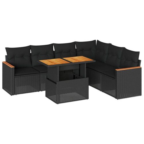 7-Piece Garden Sofa Set with Cushions Black Poly Rattan Acacia