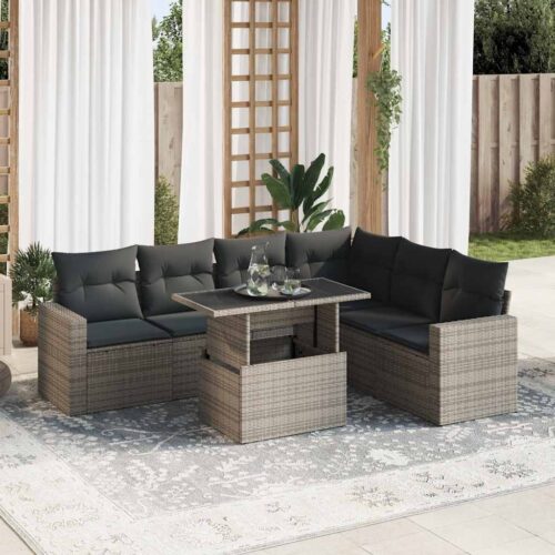 7-Piece Garden Sofa Set with Cushions Grey Poly Rattan - Image 2