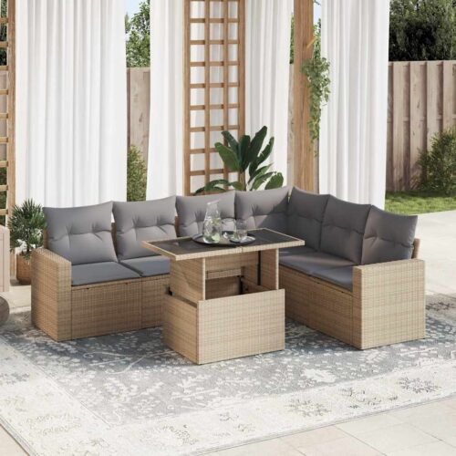 7-Piece Garden Sofa Set with Cushions Beige Poly Rattan - Image 2