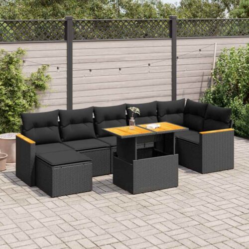 8-Piece Garden Sofa Set with Cushions Black Poly Rattan Acacia - Image 2