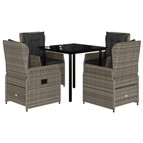 5-Piece Garden Dining Set with Cushions Grey Poly Rattan