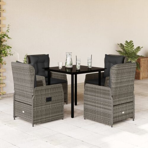 5-Piece Garden Dining Set with Cushions Grey Poly Rattan - Image 2