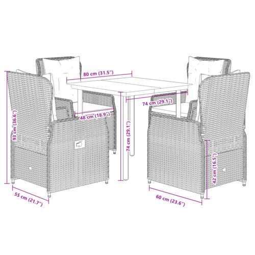 5-Piece Garden Dining Set with Cushions Grey Poly Rattan - Image 8
