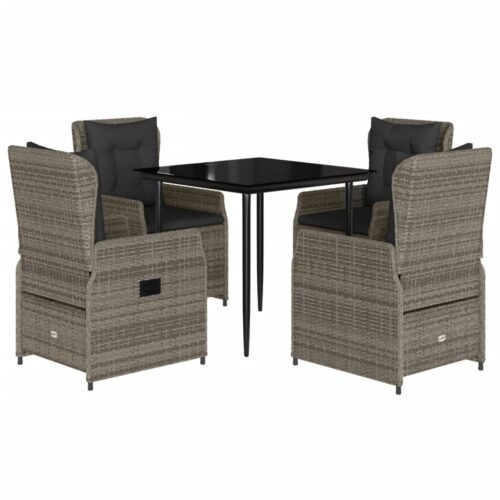 5-Piece Garden Dining Set with Cushions Grey Poly Rattan