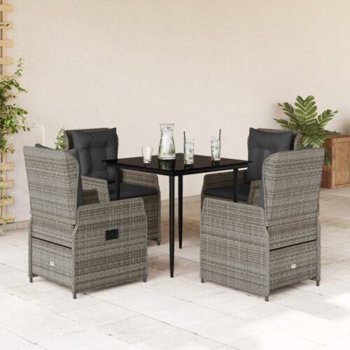5-Piece Garden Dining Set with Cushions Grey Poly Rattan - Image 2