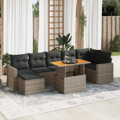 8-Piece Garden Sofa Set with Cushions Grey Poly Rattan - Image 2