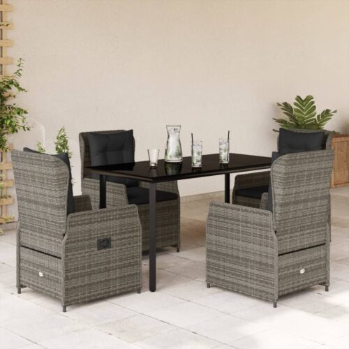 5-Piece Garden Dining Set with Cushions Grey Poly Rattan - Image 2