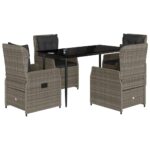 5-Piece Garden Dining Set with Cushions Grey Poly Rattan