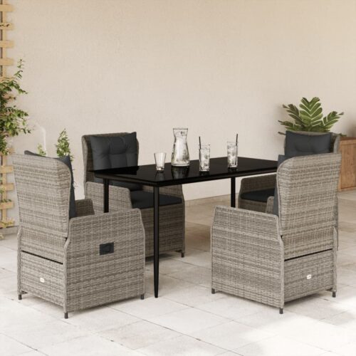 5-Piece Garden Dining Set with Cushions Grey Poly Rattan - Image 2