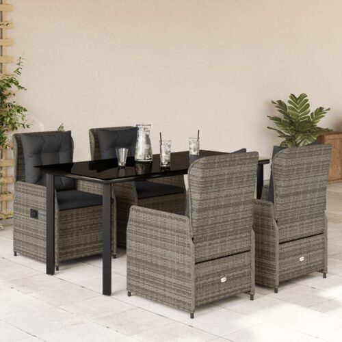 5-Piece Garden Dining Set with Cushions Grey Poly Rattan - Image 2