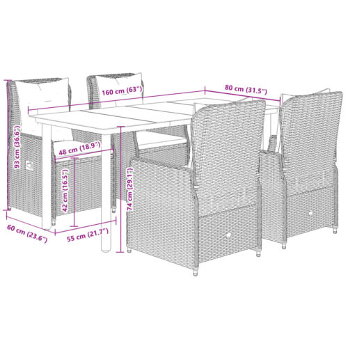 5-Piece Garden Dining Set with Cushions Grey Poly Rattan - Image 8