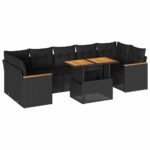 7-Piece Garden Sofa Set with Cushions Black Poly Rattan Acacia