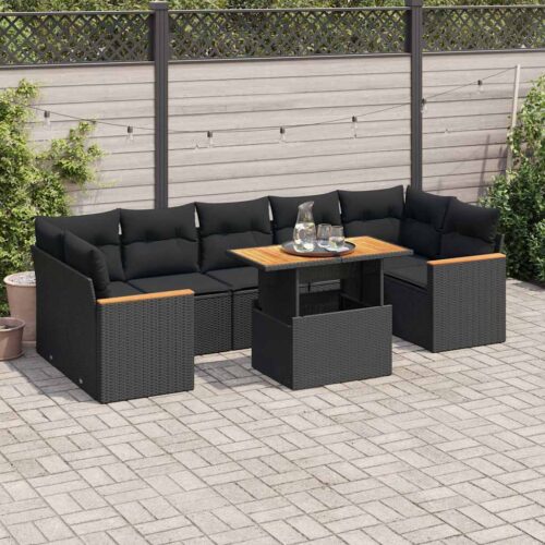 7-Piece Garden Sofa Set with Cushions Black Poly Rattan Acacia - Image 2