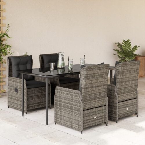 5-Piece Garden Dining Set with Cushions Grey Poly Rattan - Image 2