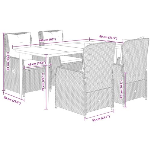 5-Piece Garden Dining Set with Cushions Grey Poly Rattan - Image 8