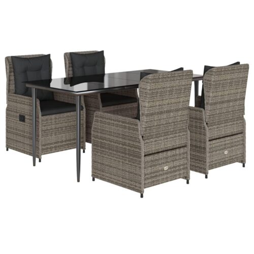 5-Piece Garden Dining Set with Cushions Grey Poly Rattan - Image 12