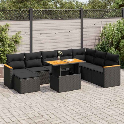 9-Piece Garden Sofa Set with Cushions Black Poly Rattan Acacia - Image 2