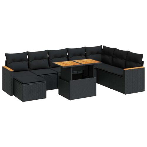 9-Piece Garden Sofa Set with Cushions Black Poly Rattan Acacia - Image 13