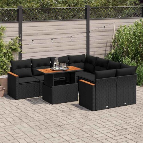 9-Piece Garden Sofa Set with Cushions Black Poly Rattan Acacia - Image 2