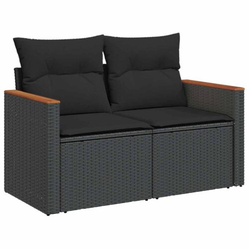 9-Piece Garden Sofa Set with Cushions Black Poly Rattan Acacia - Image 3