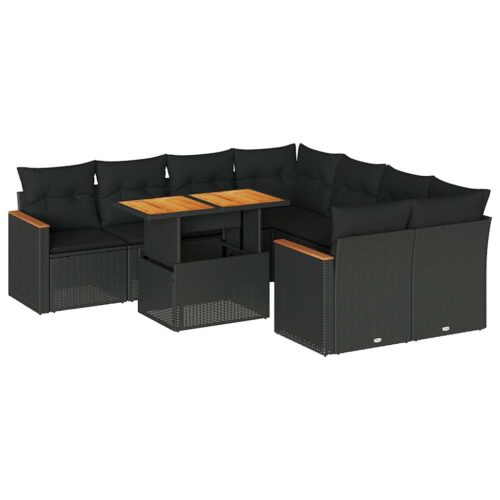 9-Piece Garden Sofa Set with Cushions Black Poly Rattan Acacia - Image 13