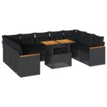 10-Piece Garden Sofa Set with Cushions Black Poly Rattan Acacia