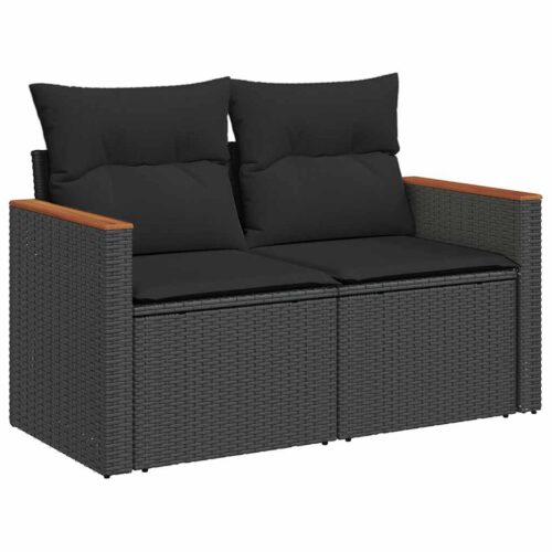 10-Piece Garden Sofa Set with Cushions Black Poly Rattan Acacia - Image 3
