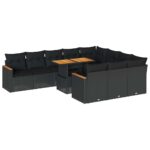 11-Piece Garden Sofa Set with Cushions Black Poly Rattan Acacia