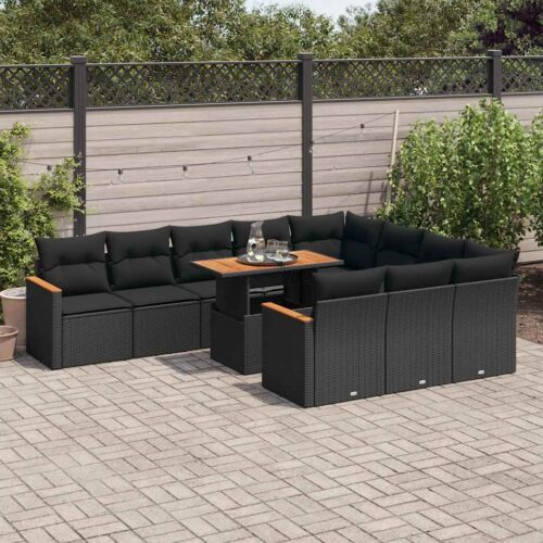 11-Piece Garden Sofa Set with Cushions Black Poly Rattan Acacia - Image 2