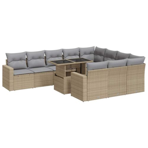 11-Piece Garden Sofa Set with Cushions Beige Poly Rattan