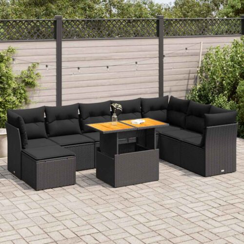 9-Piece Garden Sofa Set with Cushions Black Poly Rattan - Image 2