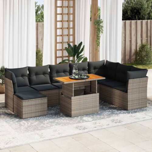 9-Piece Garden Sofa Set with Cushions Grey Poly Rattan - Image 2