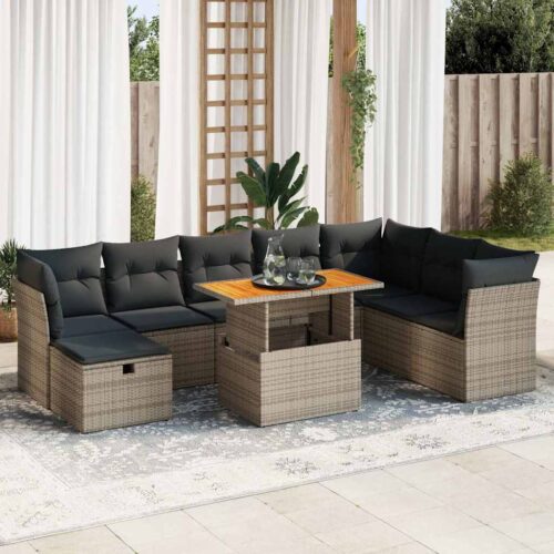 9-Piece Garden Sofa Set with Cushions Grey Poly Rattan Acacia - Image 2