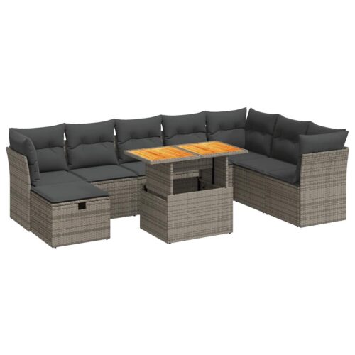 9-Piece Garden Sofa Set with Cushions Grey Poly Rattan Acacia - Image 13
