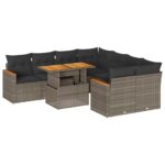 9-Piece Garden Sofa Set with Cushions Grey Poly Rattan Acacia