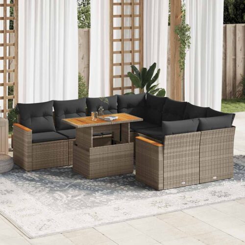 9-Piece Garden Sofa Set with Cushions Grey Poly Rattan Acacia - Image 2