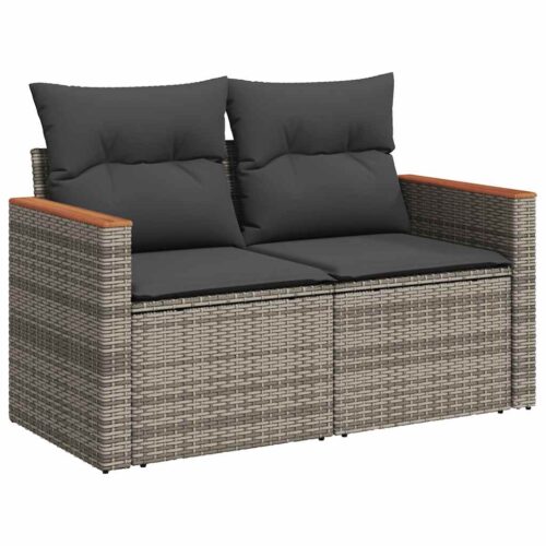 9-Piece Garden Sofa Set with Cushions Grey Poly Rattan Acacia - Image 3
