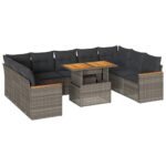 10-Piece Garden Sofa Set with Cushions Grey Poly Rattan Acacia