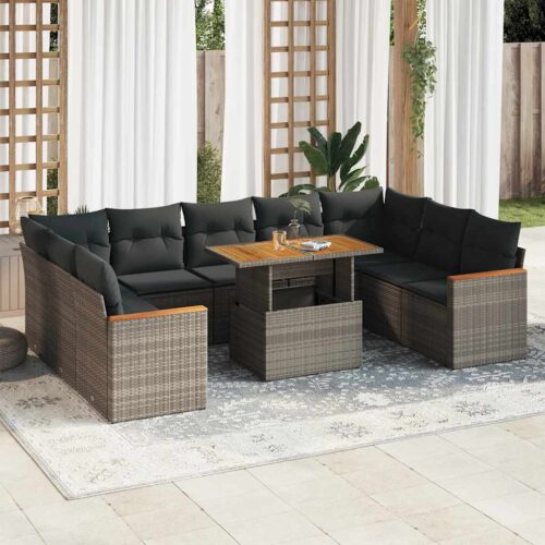 10-Piece Garden Sofa Set with Cushions Grey Poly Rattan Acacia - Image 2