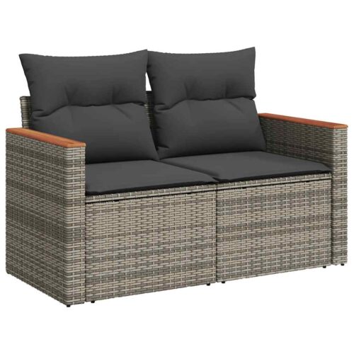 10-Piece Garden Sofa Set with Cushions Grey Poly Rattan Acacia - Image 3