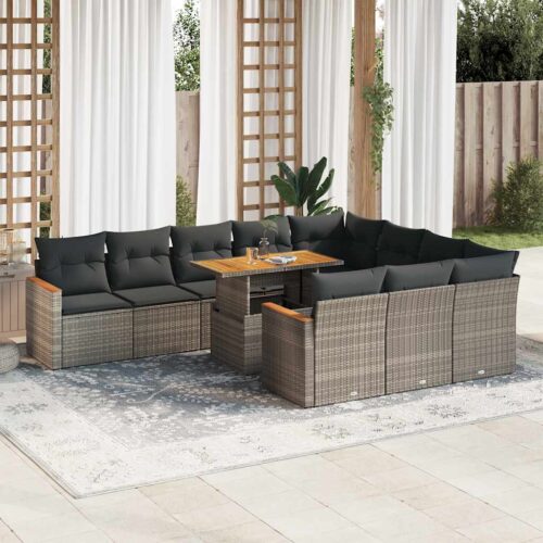 11-Piece Garden Sofa Set with Cushions Grey Poly Rattan Acacia - Image 2