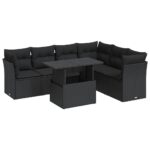7-Piece Garden Sofa Set with Cushions Black Poly Rattan