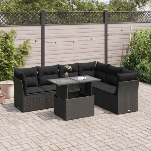 7-Piece Garden Sofa Set with Cushions Black Poly Rattan - Image 2